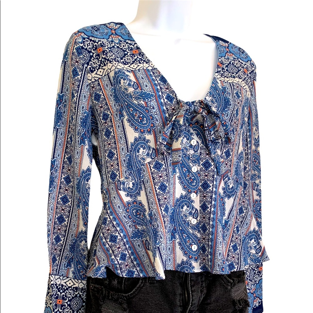 Everly Boho Paisley Bell Sleeve Crop Blouse Small